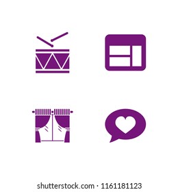 classical icon. 4 classical set with curtain, frame, music and military drum musical instrument vector icons for web and mobile app