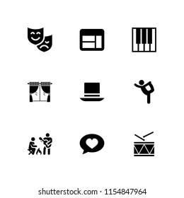 classical icon. 9 classical set with military drum musical instrument, theater, frame and ballet vector icons for web and mobile app