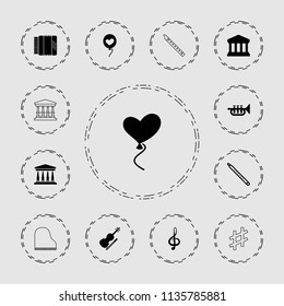 Classical icon. collection of 13 classical filled and outline icons such as heart balloons, treble clef, trumpet, court building. editable classical icons for web and mobile.