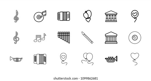 Classical icon. collection of 18 classical outline icons such as court, heart baloons, harmonica, harmonic, trumpet. editable classical icons for web and mobile.