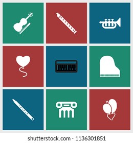 Classical icon. collection of 9 classical filled icons such as heart balloons, musical pipe, trumpet, greek column, piano. editable classical icons for web and mobile.