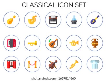 classical icon set. 15 flat classical icons. Included guitar, accordion, saxophone, trumpet, piano, statue, ancient jar, curtain, velvet, violin, clarinet, column icons