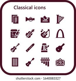 classical icon set. 16 filled classical icons.  Simple modern icons such as: Notes, Trumpet, Note, Harp, Violin, Guitar, Gateway arch, Flute, Metronome, Columns, Acoustic guitar