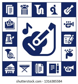 classical icon set. 17 filled classical icons.  Collection Of - Notes, Note, Metronome, Guitar, French horn, Trumpet, Bagpipes, Piano, Column, Electric piano, Trombone