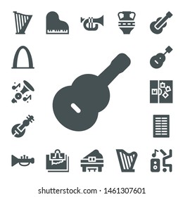classical icon set. 17 filled classical icons.  Collection Of - Harp, Gateway arch, Trumpet, Guitar, Veena, Note, Columns, Piano, Amphora, Dancer