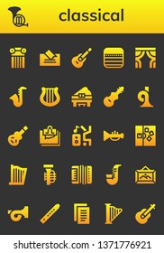 classical icon set. 26 filled classical icons.  Simple modern icons about  - Column, French horn, Note, Guitar, Notes, Curtains, Saxophone, Harp, Piano, Fiddle, Electric guitar