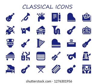  classical icon set. 30 filled classical icons. Simple modern icons about  - Electric guitar, Trumpet, Bagpipes, Note, Piano, Cello, Trombone, Guitar, Frame, Amphora, Acoustic guitar