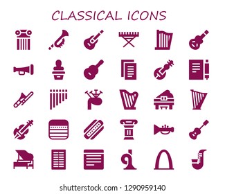  classical icon set. 30 filled classical icons. Simple modern icons about  - Column, Trumpet, Guitar, Electric piano, Harp, Electric guitar, Statue, Notes, Veena, Note, Trombone
