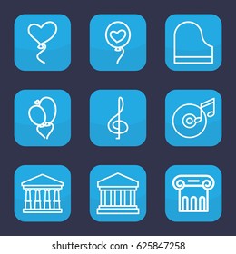 Classical icon. set of 9 outline classical icons such as court, Greek column, heart baloons, piano, disc and music note, court building