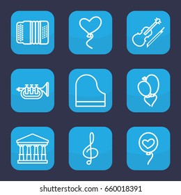 Classical icon. set of 9 outline classical icons such as court, heart baloons, treble clef, piano, harmonic, violin