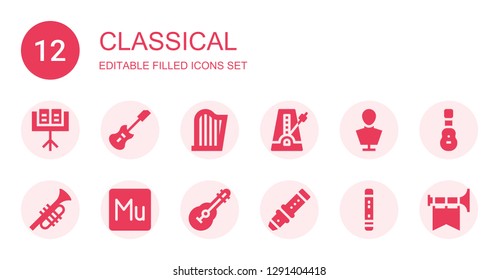 classical icon set. Collection of 12 filled classical icons included Music stand, Electric guitar, Harp, Metronome, Sculpture, Trumpet, Muse, Guitar, Flute, Acoustic guitar