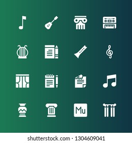 classical icon set. Collection of 16 filled classical icons included Curtains, Muse, Column, Greek vase, Musical note, Note, Notes, Flute, Harp, Piano, Mandolin