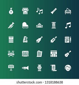 classical icon set. Collection of 25 filled classical icons included Dancer, Note, Greek vase, Trumpet, Music stand, Guitar, Curtains, Harp, Piano, Drum set, Notes, Cello, Violin