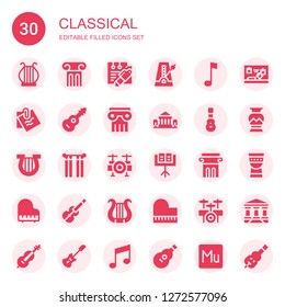 classical icon set. Collection of 30 filled classical icons included Harp, Column, Note, Metronome, Guitar, Parthenon, Acoustic guitar, Lyre, Curtains, Drum set, Music stand, Piano