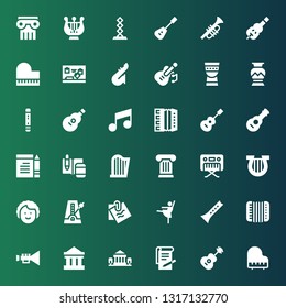 classical icon set. Collection of 36 filled classical icons included Piano, Guitar, Notes, Parthenon, Trumpet, Accordion, Flute, Ballerina, Note, Metronome, Dancer, Lyre, Column