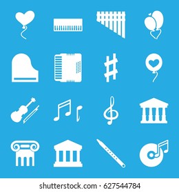 Classical icons set. set of 16 classical filled icons such as court, Greek column, heart baloons, treble clef, harmonica, piano, musical pipe, harmonic, violin, musical sharp