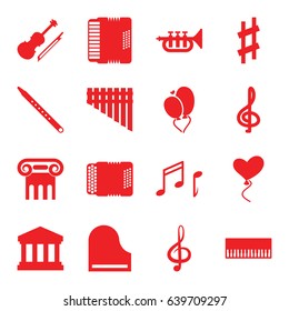 Classical icons set. set of 16 classical filled icons such as greek column, heart baloons, treble clef, harmonica, piano, musical pipe, harmonic, violin, musical sharp