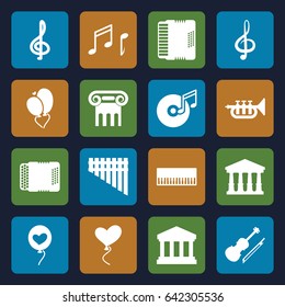 Classical icons set. set of 16 classical filled icons such as court, greek column, heart baloons, treble clef, harmonica, harmonic, violin, trumpet, note, disc and music note