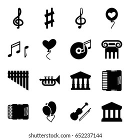 Classical icons set. set of 16 classical filled icons such as court, greek column, heart baloons, treble clef, harmonica, harmonic, violin, musical sharp, trumpet, note
