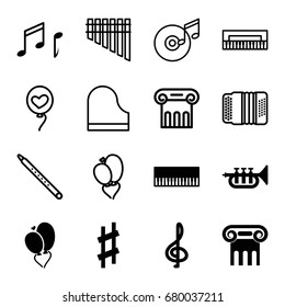 Classical icons set. set of 16 classical filled and outline icons such as greek column, heart baloons, musical sharp, trumpet, note, harmonica, piano, musical pipe, harmonic