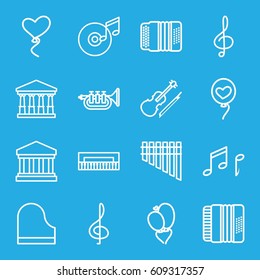 Classical icons set. set of 16 classical outline icons such as court, heart baloons, treble clef, harmonica, piano, harmonic, violin, trumpet, note, disc and music note