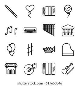 Classical icons set. set of 16 classical outline icons such as court, Greek column, heart baloons, harmonica, piano, musical pipe, harmonic, violin, musical sharp, trumpet