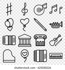 Classical icons set. set of 16 classical outline icons such as Greek column, heart baloons, treble clef, piano, musical pipe, harmonic, violin, musical sharp, trumpet, note