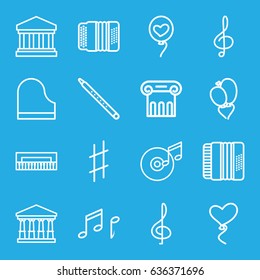 Classical icons set. set of 16 classical outline icons such as court, greek column, heart baloons, treble clef, piano, musical pipe, harmonic, musical sharp, note