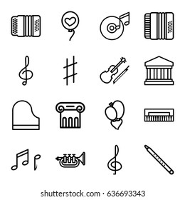 Classical icons set. set of 16 classical outline icons such as greek column, heart baloons, treble clef, piano, musical pipe, harmonic, violin, musical sharp, trumpet, note