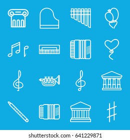 Classical icons set. set of 16 classical outline icons such as court, greek column, heart baloons, treble clef, harmonica, piano, musical pipe, harmonic, musical sharp