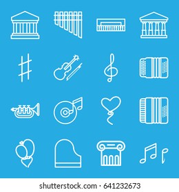 Classical icons set. set of 16 classical outline icons such as court, greek column, heart baloons, treble clef, harmonica, piano, harmonic, violin, musical sharp, trumpet