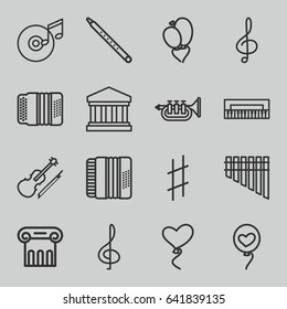 Classical icons set. set of 16 classical outline icons such as greek column, heart baloons, treble clef, harmonica, musical pipe, harmonic, violin, musical sharp, trumpet