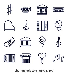 Classical icons set. set of 16 classical outline icons such as court, greek column, heart baloons, treble clef, piano, harmonic, violin, musical sharp, trumpet, note