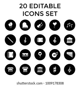Classical icons. set of 20 editable filled classical icons such as greek column, treble clef, heart baloons, harmonica, piano. best quality classical elements in trendy style.