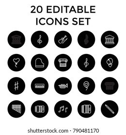Classical icons. set of 20 editable outline classical icons such as greek column, treble clef, piano, heart baloons. best quality classical elements in trendy style.