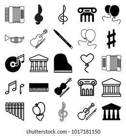Classical icons. set of 25 editable filled and outline classical icons such as court, piano, musical pipe, musical sharp, disc and music note, greek column, treble clef