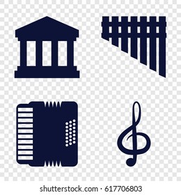 Classical icons set. set of 4 classical filled icons such as treble clef, harmonica, harmonic