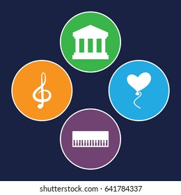 Classical icons set. set of 4 classical filled icons such as heart baloons, treble clef, court building