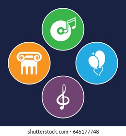 Classical icons set. set of 4 classical filled icons such as greek column, heart baloons, treble clef