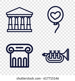 Classical icons set. set of 4 classical outline icons such as court, Greek column, heart baloons