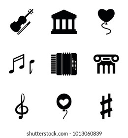 Classical icons. set of 9 editable filled classical icons such as heart baloons, treble clef, musical sharp, note, court building, greek column, harmonic