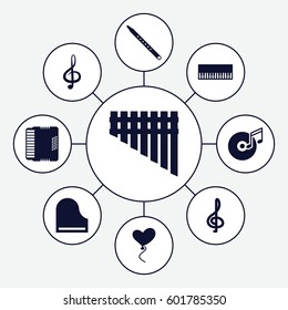 classical icons set. Set of 9 classical filled icons such as heart baloons, treble clef, harmonica, piano, musical pipe, harmonic