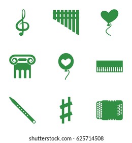 Classical icons set. set of 9 classical filled icons such as Greek column, heart baloons, treble clef, harmonica, musical pipe, harmonic, musical sharp