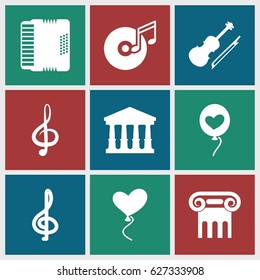 Classical icons set. set of 9 classical filled icons such as court, Greek column, heart baloons, treble clef, harmonic, violin