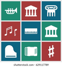 Classical icons set. set of 9 classical filled icons such as court, Greek column, piano, harmonic, musical sharp, trumpet, note