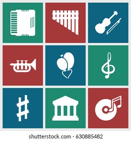 Classical icons set. set of 9 classical filled icons such as heart baloons, treble clef, harmonica, harmonic, violin, musical sharp, trumpet, disc and music note