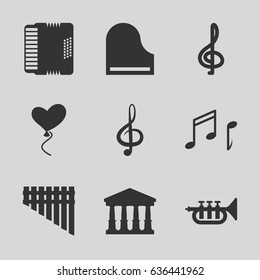 Classical icons set. set of 9 classical filled icons such as court, heart baloons, treble clef, harmonica, piano, harmonic, trumpet
