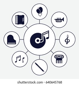 Classical icons set. set of 9 classical filled icons such as greek column, heart baloons, treble clef, piano, musical pipe, harmonic, trumpet, note