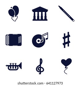 Classical icons set. set of 9 classical filled icons such as court, heart baloons, musical pipe, harmonic, musical sharp, trumpet, disc and music note