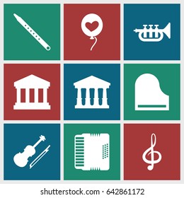 Classical icons set. set of 9 classical filled icons such as court, heart baloons, treble clef, piano, musical pipe, harmonic, violin, trumpet